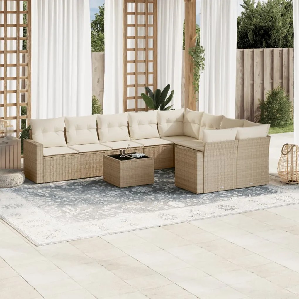 Set divano da giardino 10 pz con cuscini beige in polyrattan