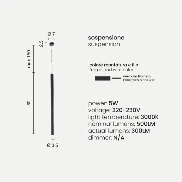 Lampada a sospensione EXAGON a LED D3,5 cm in metallo verniciato NERO