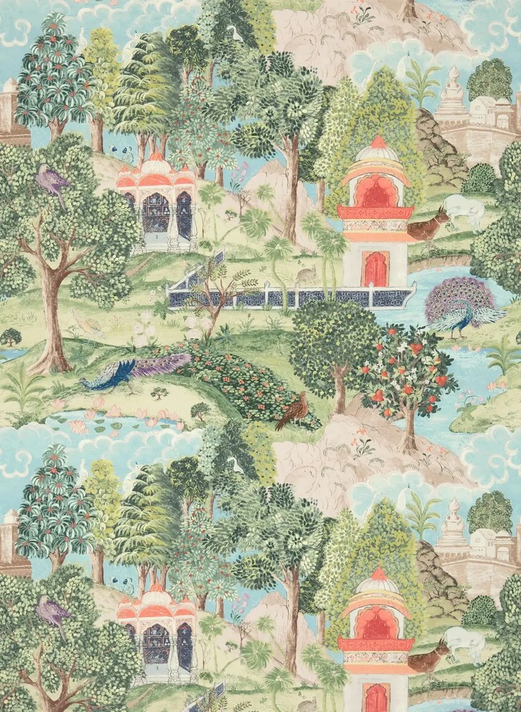Zoffany Carta da parati Peacock Garden - Green/ Coral