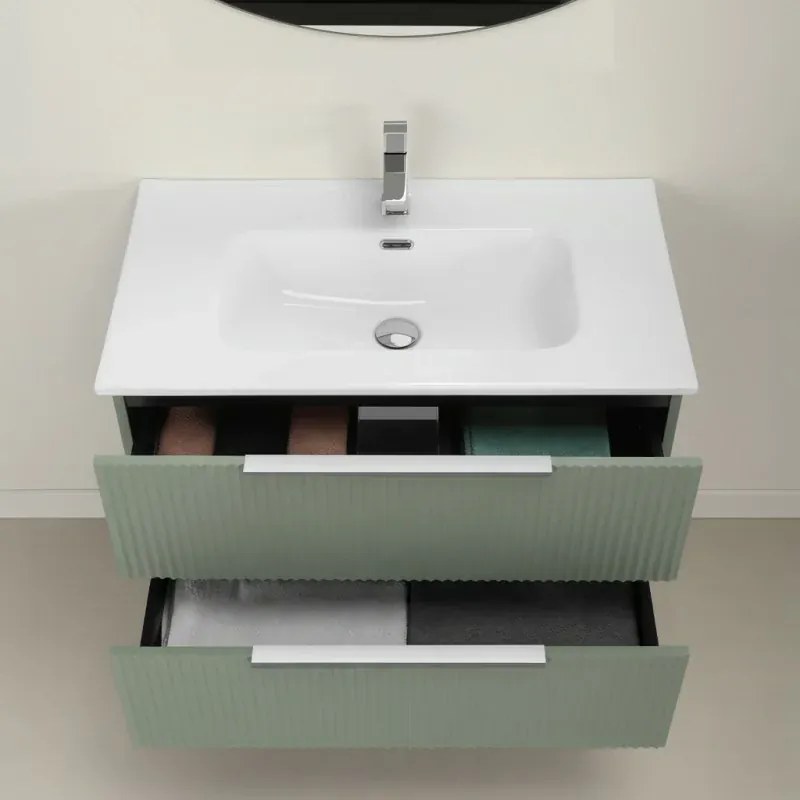 Mobile bagno sospeso 100 cm verde cannettato con lavabo e specchio tondo Zena
