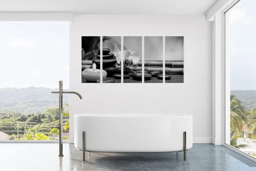 Quadri 5 pezzi – Natura morta Feng Shui in bianco e nero