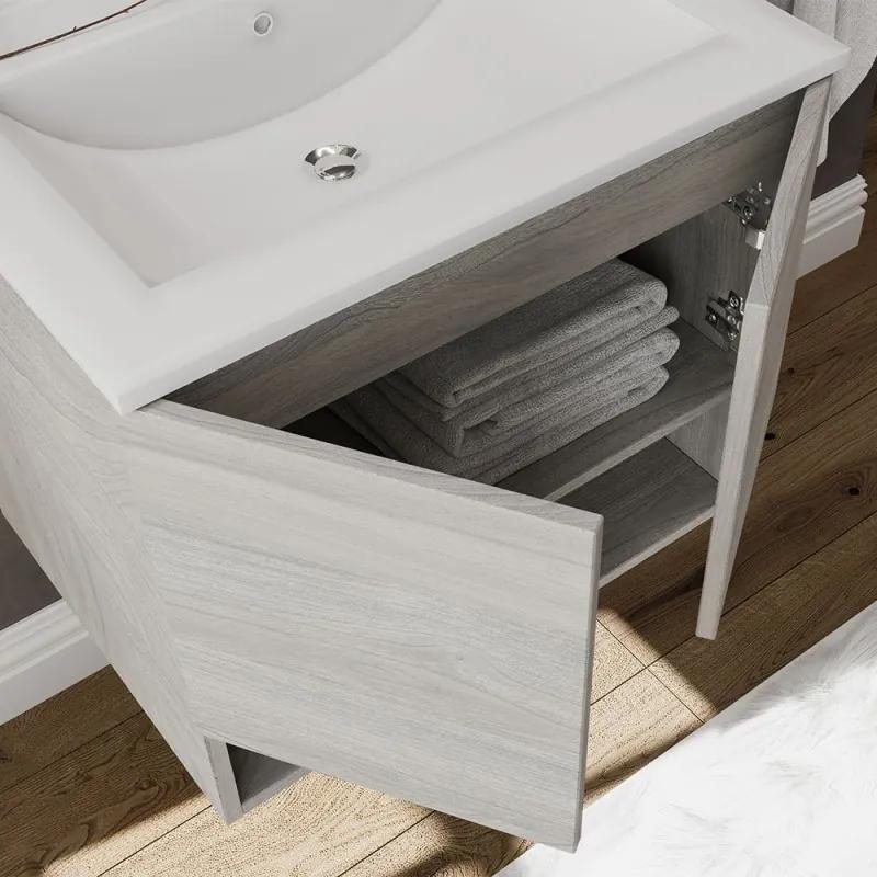 Mobile bagno sospeso 60 rovere grigio con lavabo e specchio LED   Oslo