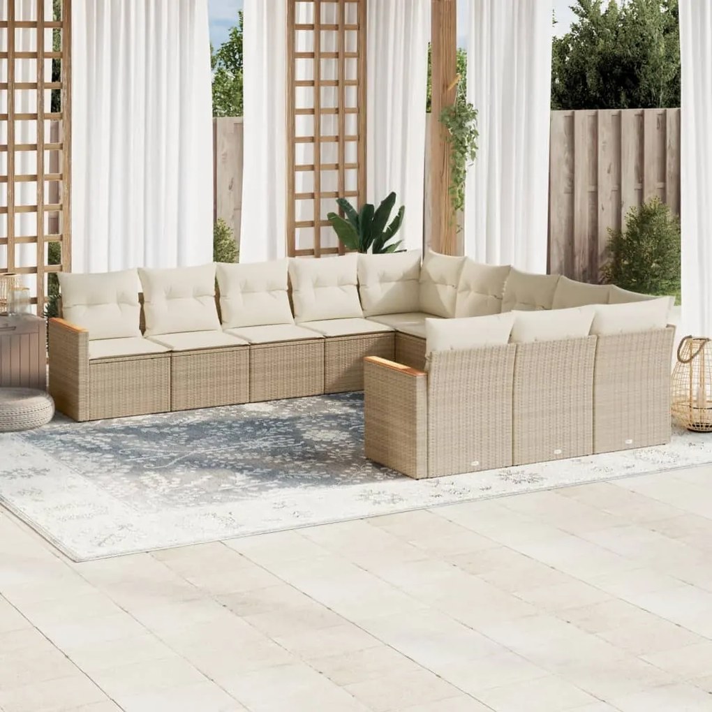 Set divani da giardino 11 pz con cuscini beige in polyrattan