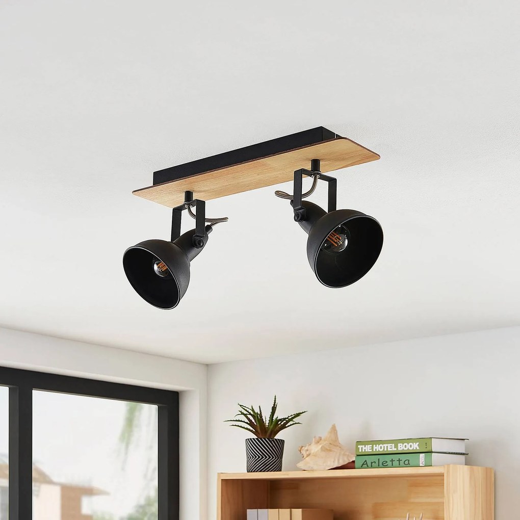 Lindby plafoniera Aylis, a 2 luci, 40 cm, nero, legno, E14 Aylis Lindby, dimmerabile, Legno scuro, Soggiorno / Sala da pranzo, Metallo, Industriale, Faretto