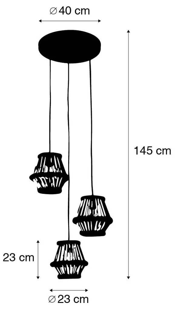 Lampada a sospensione orientale in bambù con paralume rotondo nero 3 luci - Evalin
