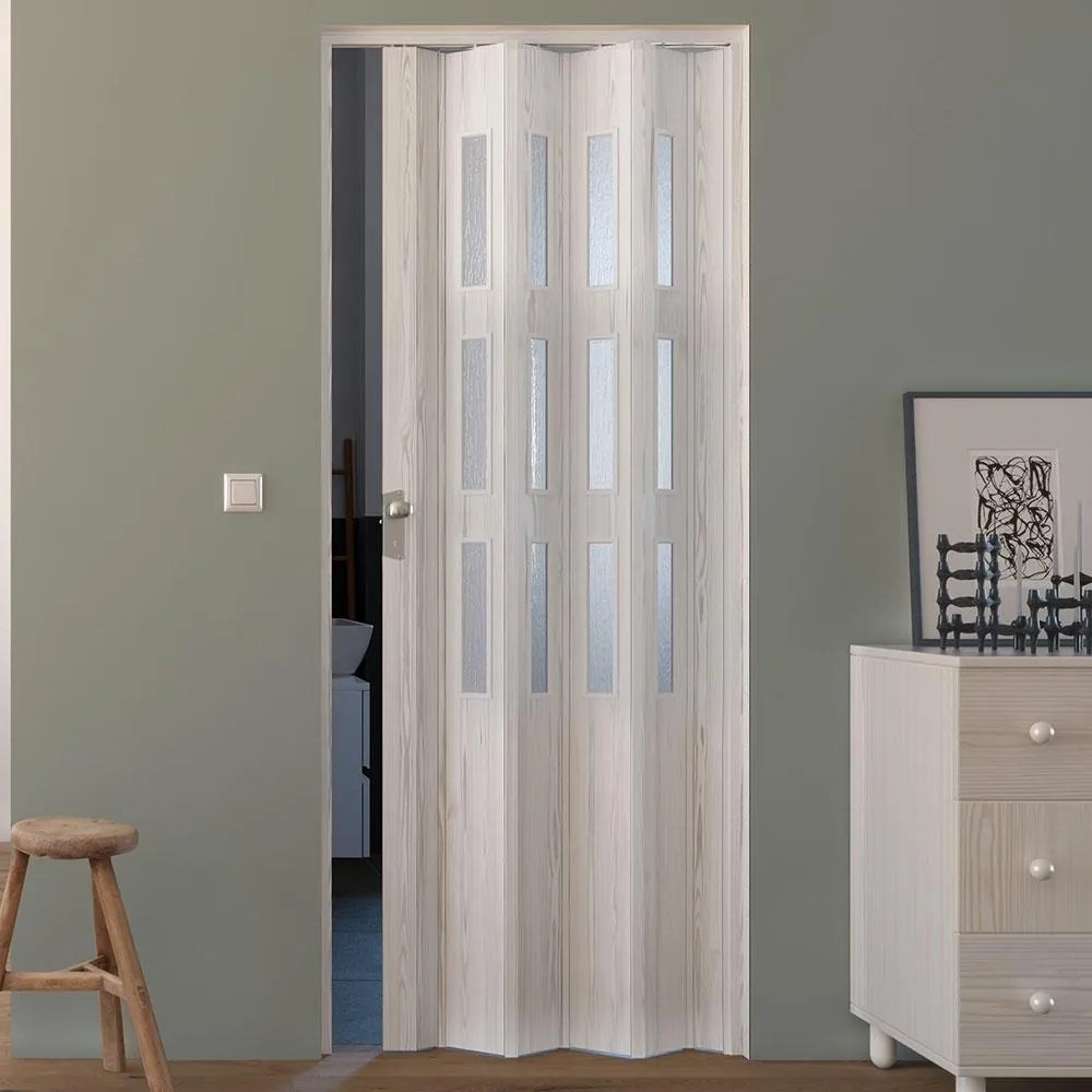 Porta a Soffietto da Interno 88,5x214 cm in PVC con Vetro Florance Pino Sbiancato...