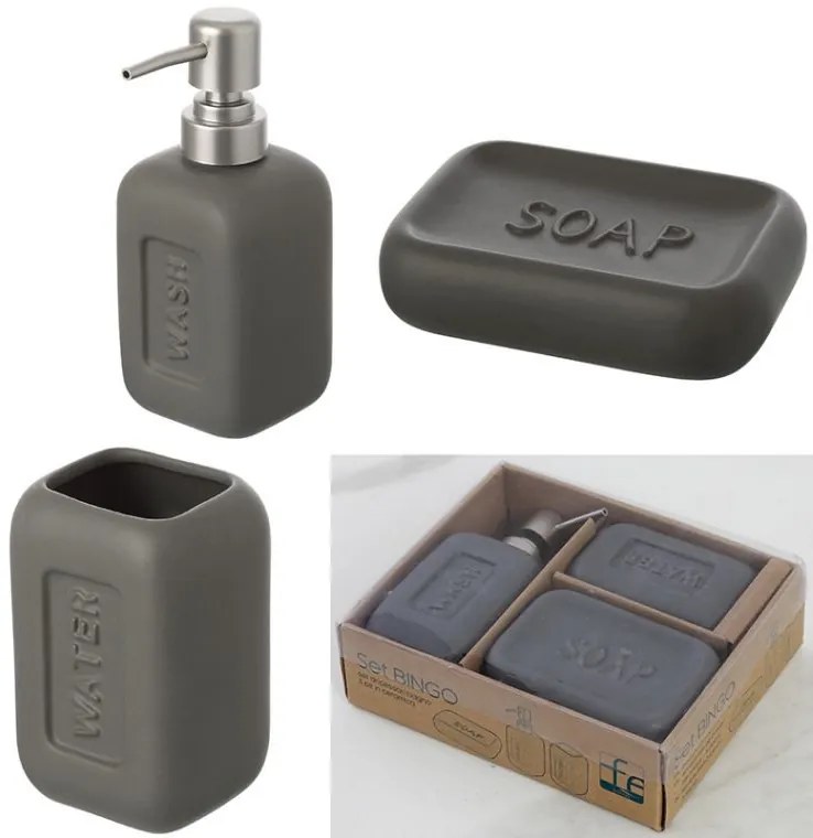 Set Dispenser porta spazzolino e Porta Sapone in Ceramica grigio 3 Pz Bingo