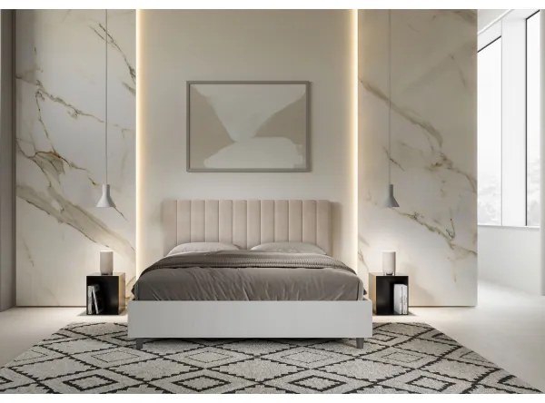 Letto matrimoniale e rete 160x200 in legno bianco e testata in microfibra sabbia Kaia