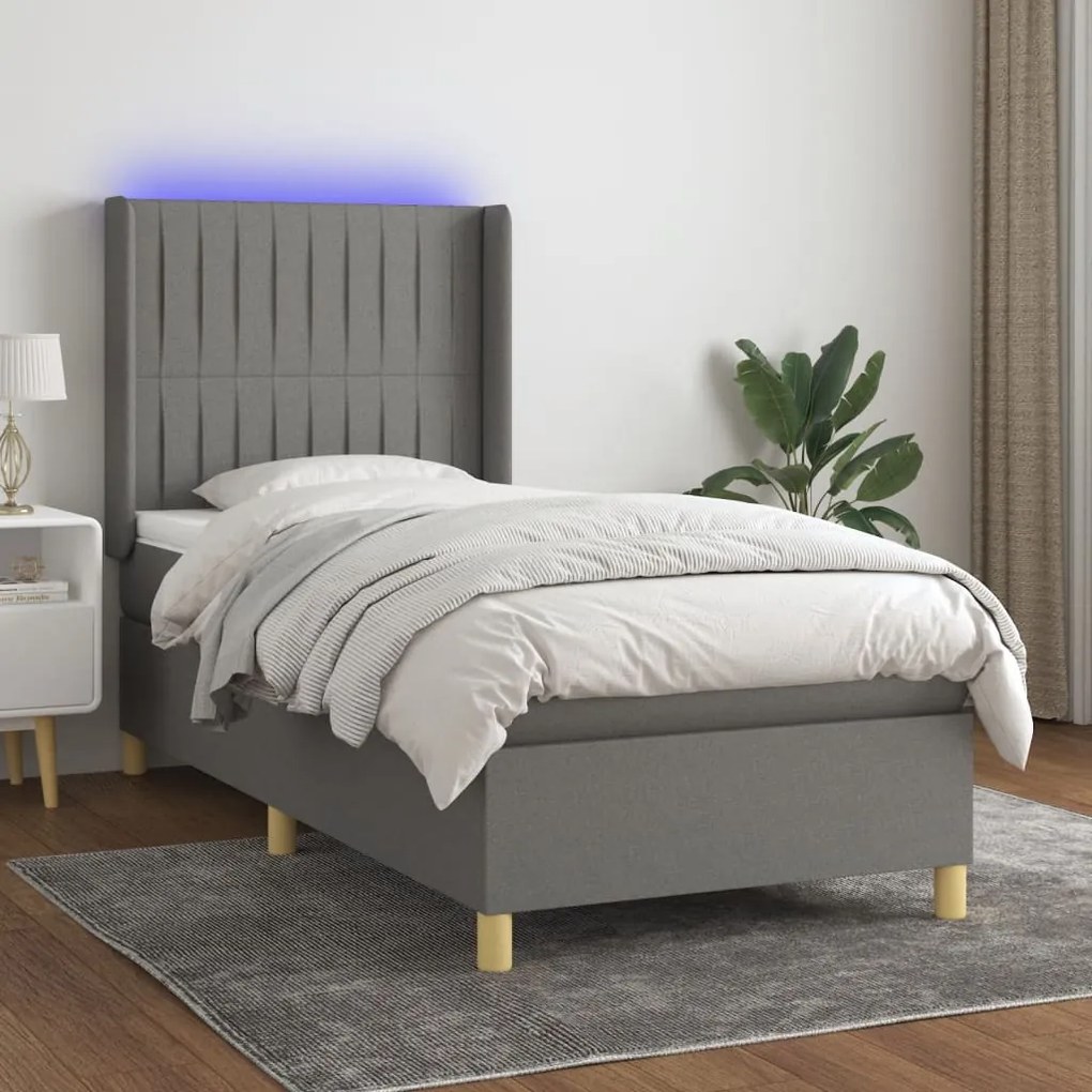 Letto a molle materasso e led grigio scuro 90x200 cm in tessuto