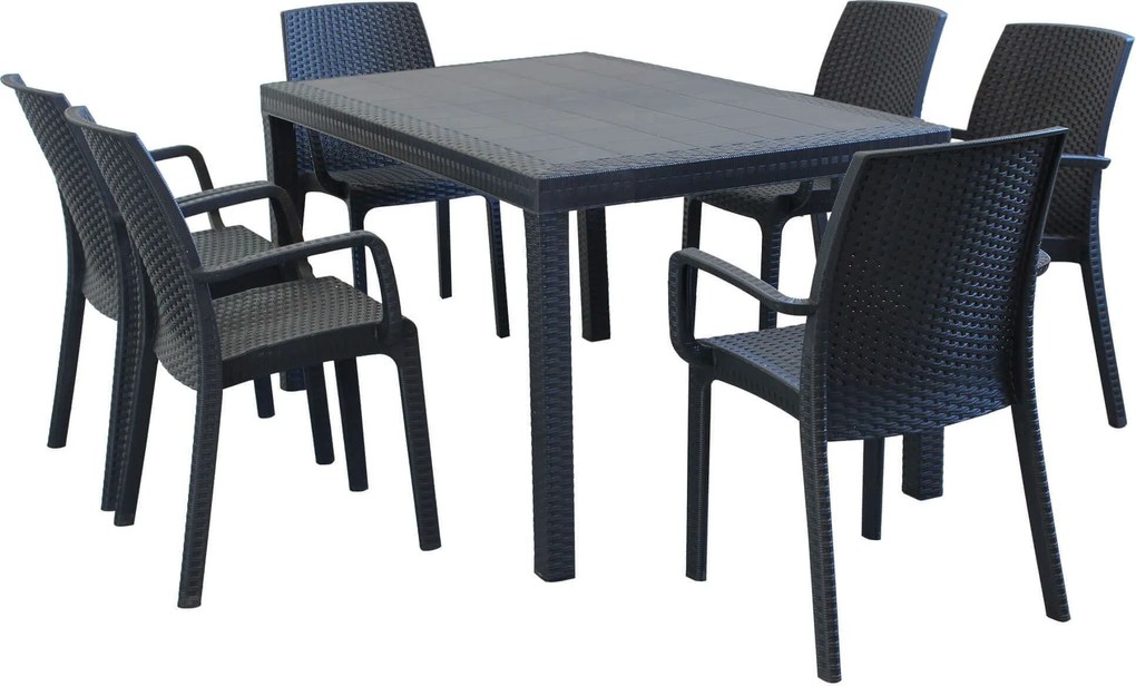 CALIGOLA - set tavolo in resina effetto rattan cm 150 x 90 x 74 h con 6 poltrone Alma