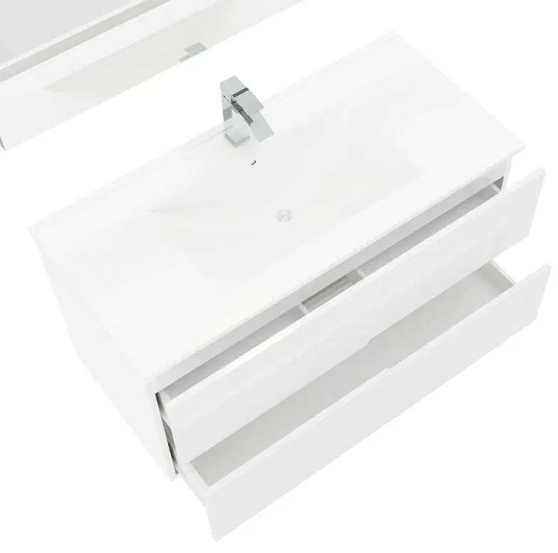 Mobile bagno sospeso 100 bianco lucido con lavabo e specchio LED Eva