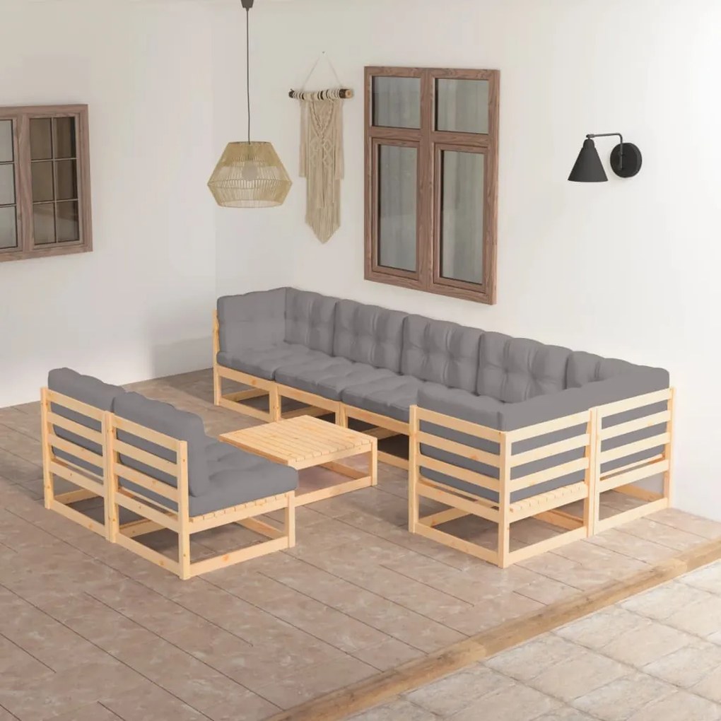 Set divani da giardino 9 pz con cuscini legno massello di pino