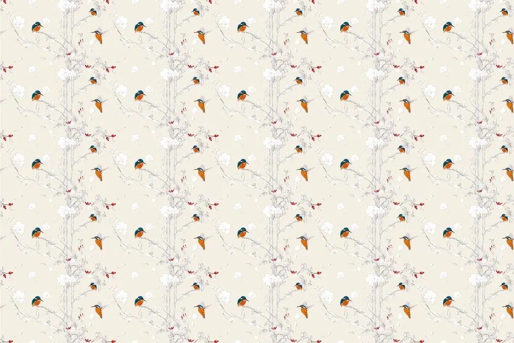 Carta da parati – Uccellini nella foresta fitta con sfondo beige