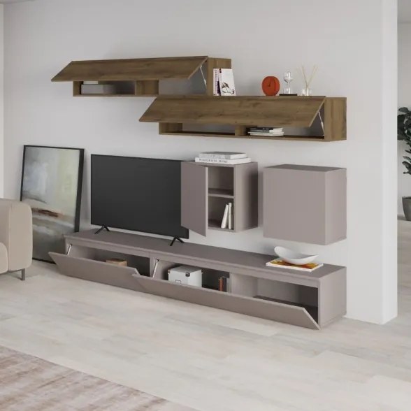 Parete Attrezzata 250 Cm Con Base Moka E Pensili Noce Effetto Legno Licia