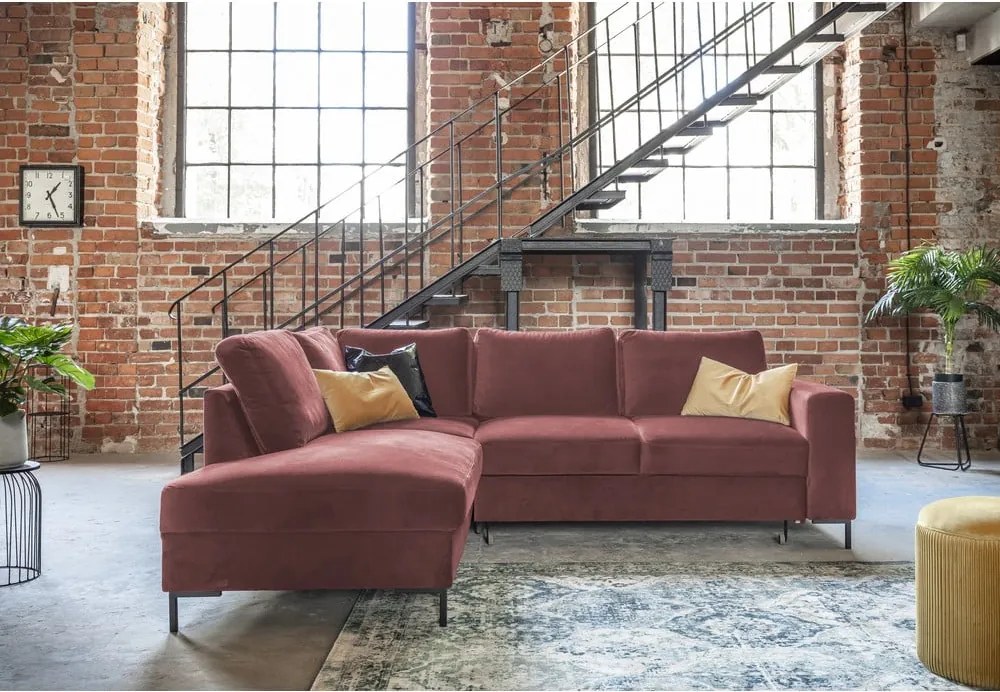 Divano letto angolare in velluto rosa (angolo sinistro) Lofty Lilly - Miuform