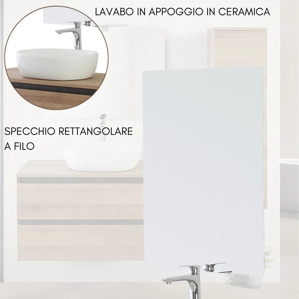 Mobile Bagno Sospeso con Lavabo da Appoggio e Specchio 2 Cassetti Salvaspazio in Legno cm 80 – Rovere di Bordeaux