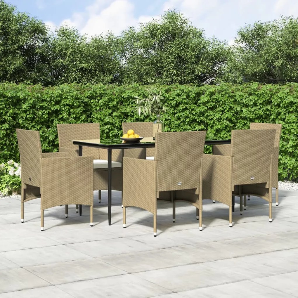 Set da pranzo da giardino 7 pz con cuscini beige e nero