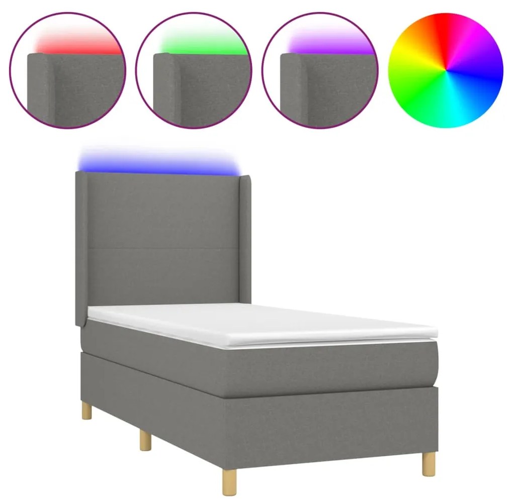 Letto a molle materasso e led grigio scuro 90x190 cm in tessuto