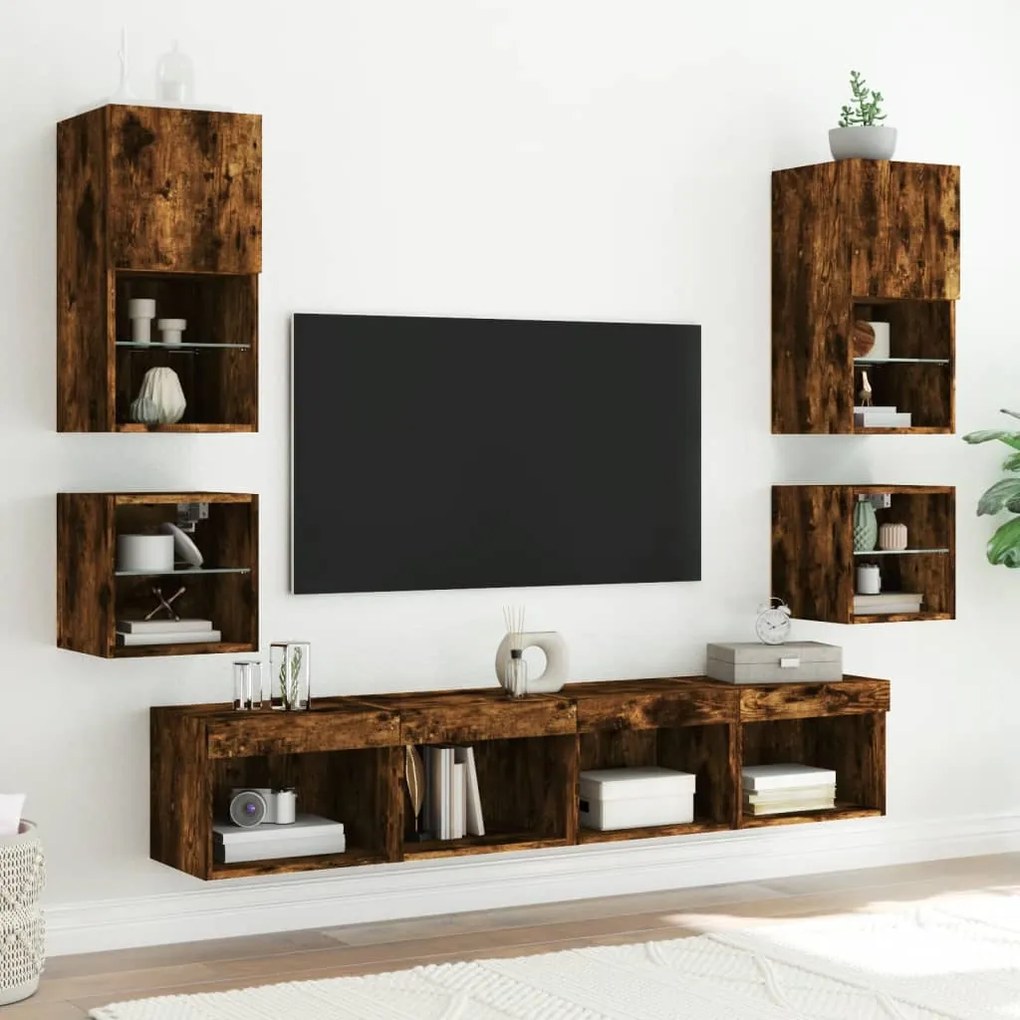 Mobile tv a parete con luci led rovere fumo 30x28,5x30 cm