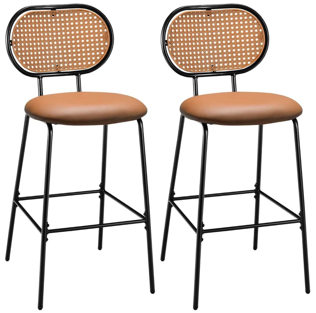 Costway Set di 2 sgabelli da bar in metallo con schienale in rattan, 2 sedie da pranzo moderne in ecopelle Marrone