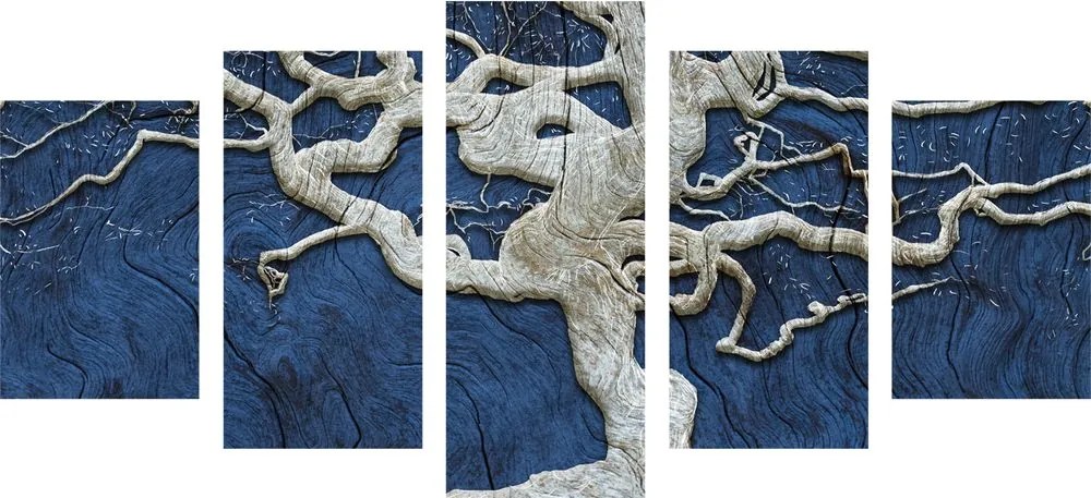 Quadri 5 pezzi – Albero astratto su legno con contrasto blu
