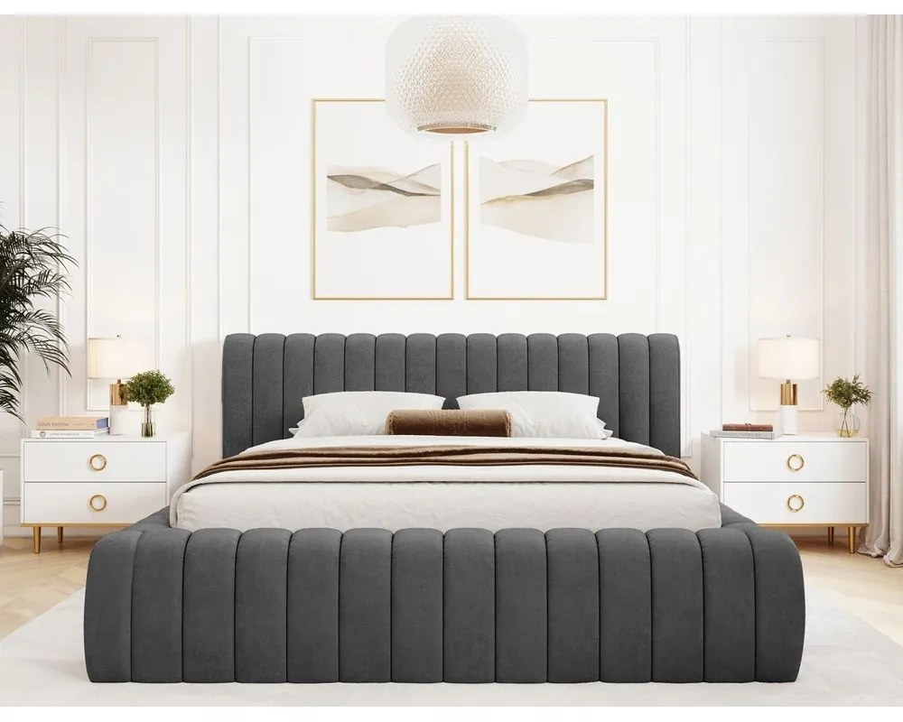Letto matrimoniale imbottito grigio scuro con contenitore e rete inclusi 140x200 cm Carilla – ELTAP