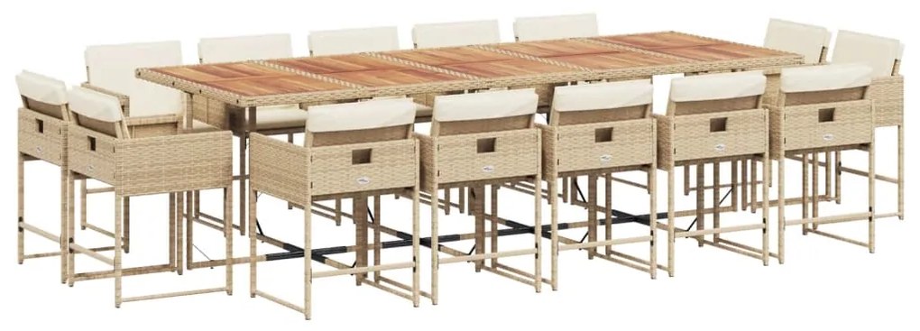 Set da pranzo da giardino 15 pz con cuscini beige in polyrattan