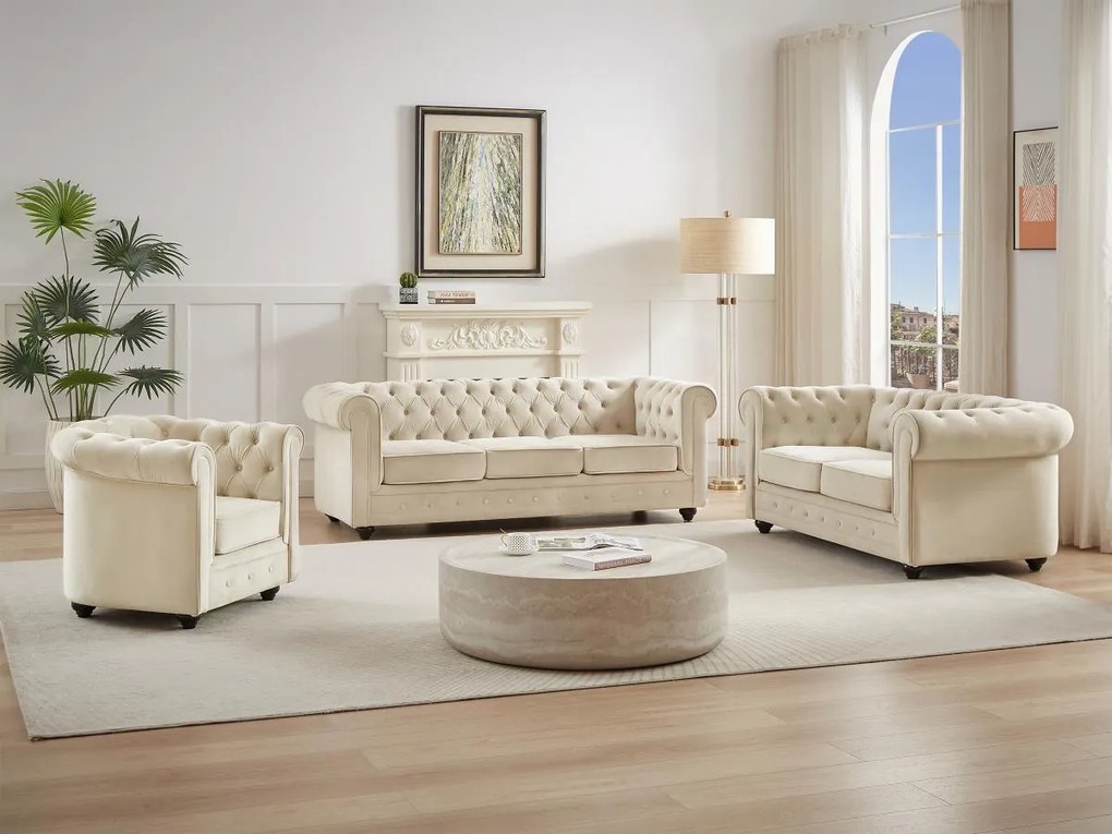 Divano 3 posti, 2 posti e poltrona in Velluto Beige - CHESTERFIELD