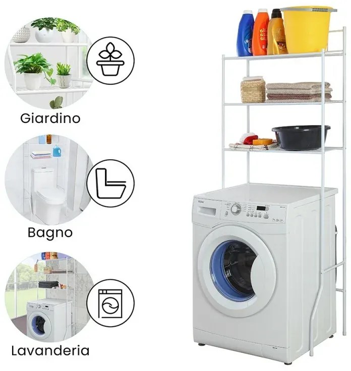Scaffale per lavatrice bianco con 3 ripiani in acciaio in kit di montaggio