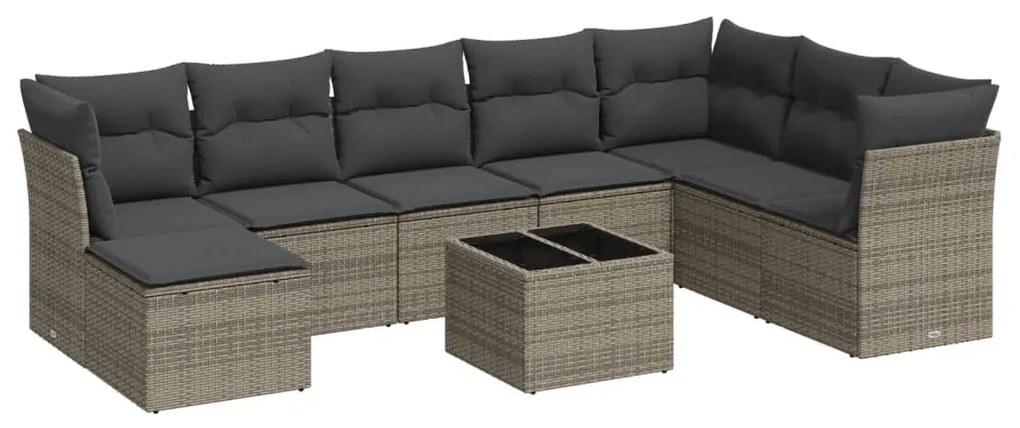 Set divano da giardino 9 pz con cuscini grigio in polyrattan