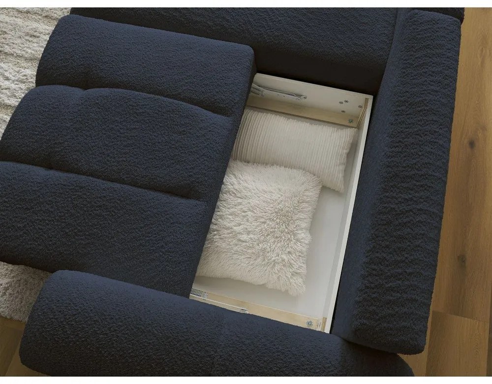 Divano angolare blu allungabile/con contenitore (con penisola a sinistra/con chaise lounge) con rivestimento in bouclé Roxelane – Bobochic Paris