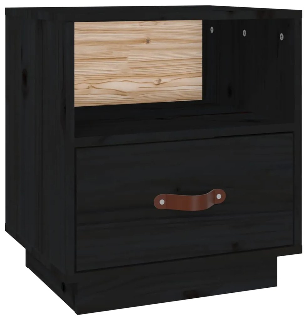 Comodino Nero 40x34x45 cm in Legno Massello di Pino