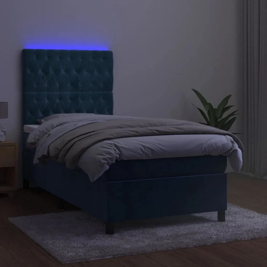 Letto a molle con materasso e led blu scuro 80x200cm in velluto