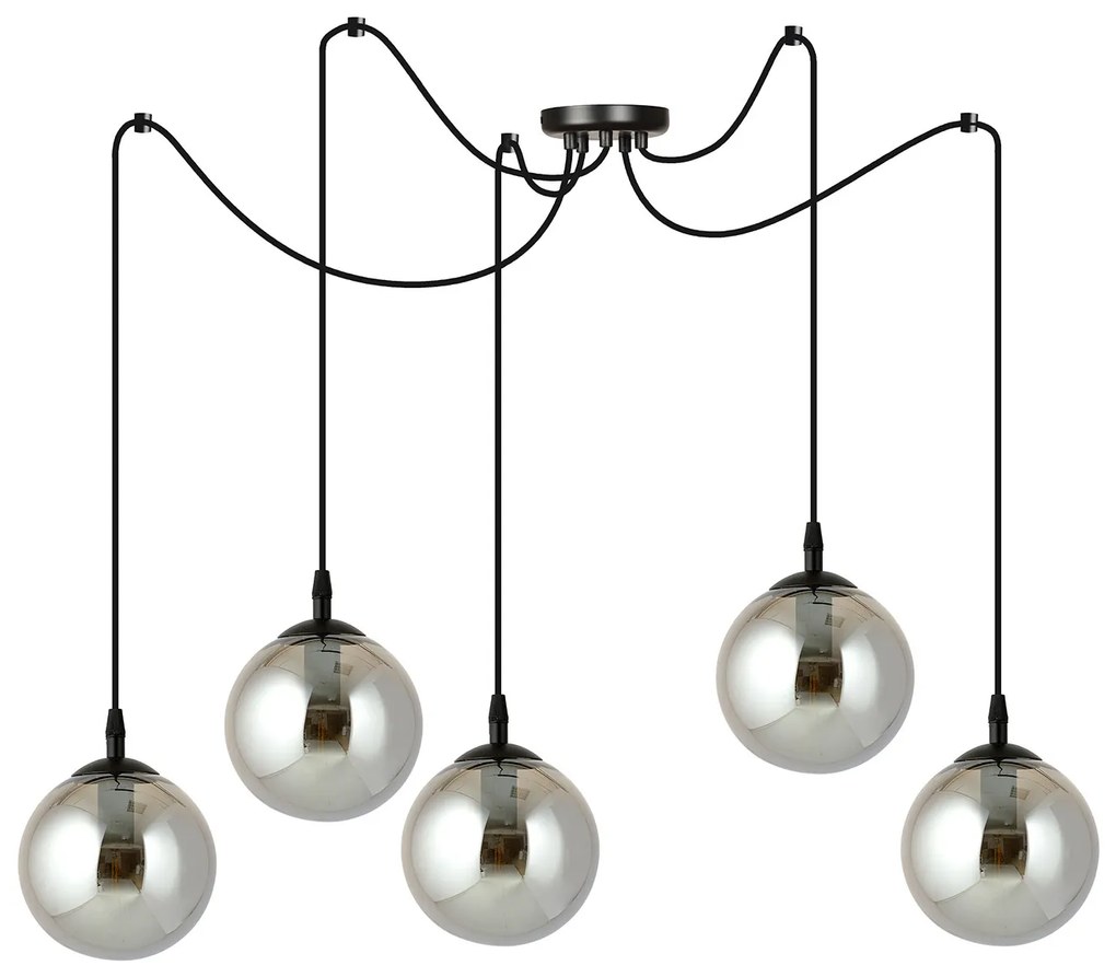 Lampadario 5 Luci Ginevra In Acciaio Nero Con Cavo Lungo E Vetri Fumè