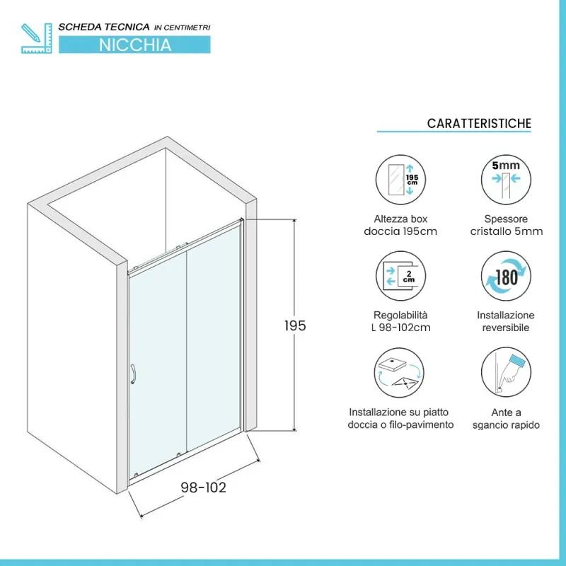 Porta doccia nicchia 100 cm scorrevole trasparente con profilo cromo   Tay