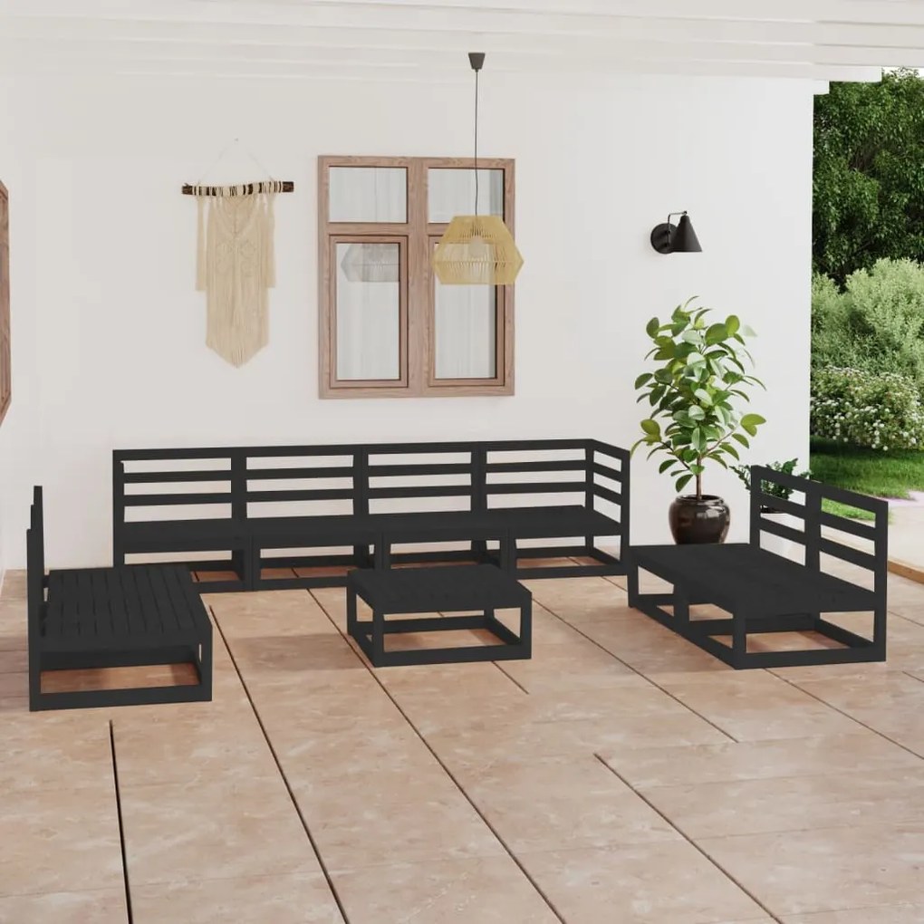 Set Divani da Giardino 9 pz Nero in Legno Massello di Pino