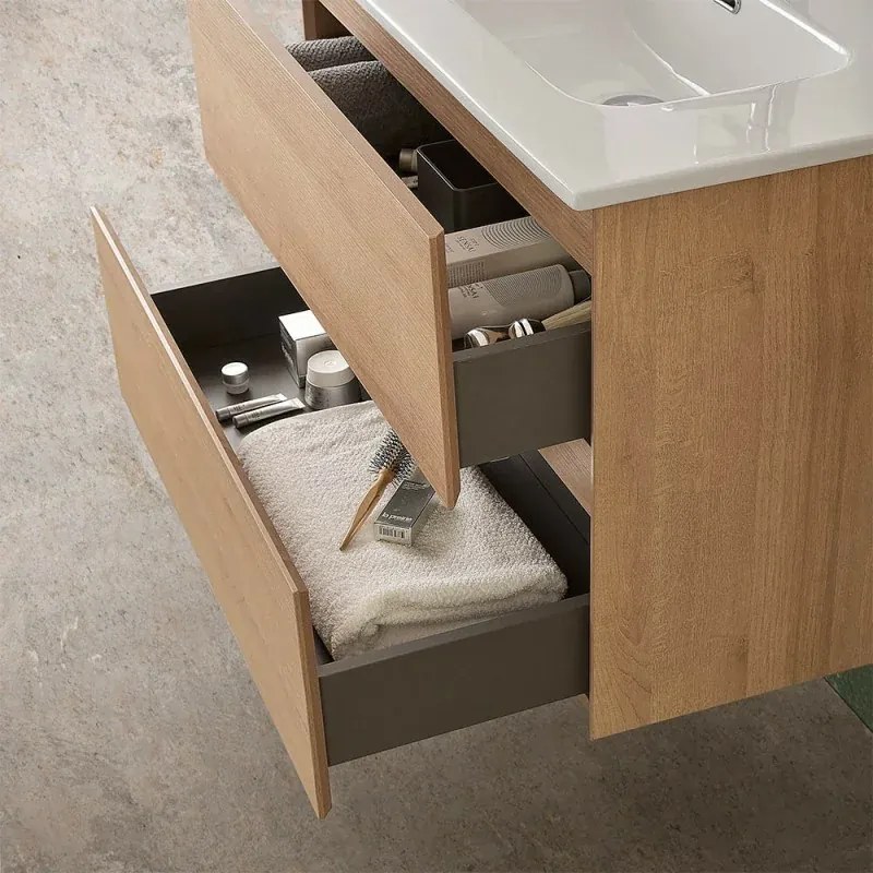 Mobile bagno sospeso 80 cm noce gold con lavabo e specchio Dafne