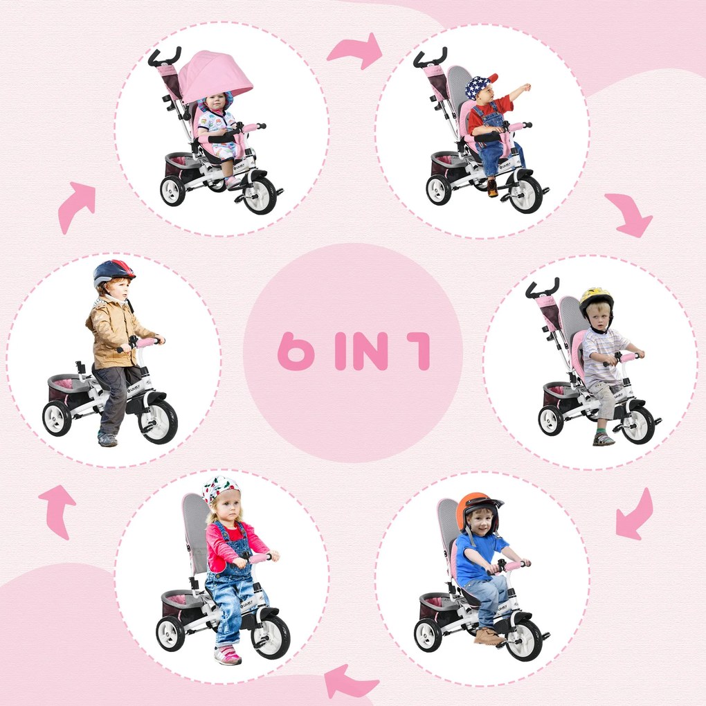 Triciclo per Bambini 1-5 Anni 102x49x102 cm con Maniglione e Tettuccio Regolabile Bianco e Rosa...