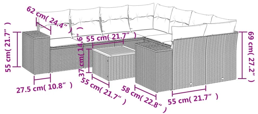 Set divano da giardino 9 pz con cuscini grigio in polyrattan