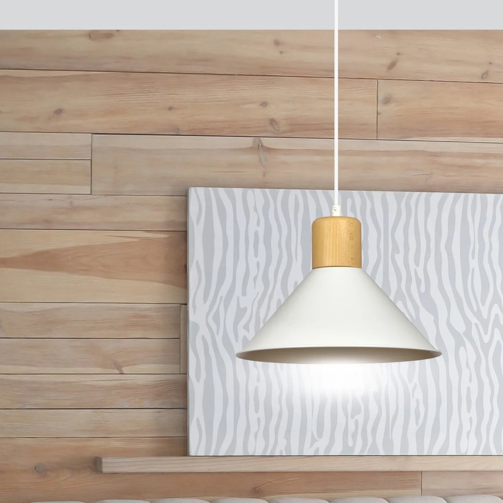 Sospensione Nordica 1 Luce Rowen In Acciaio Bianco E Legno