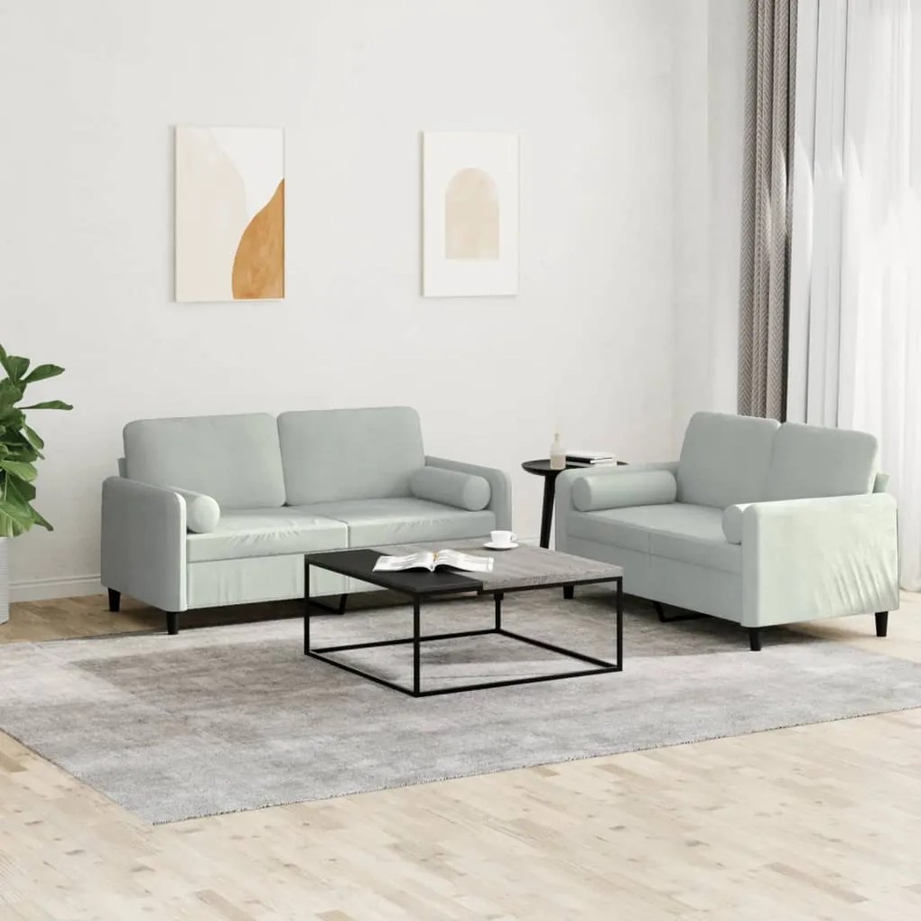 Set Di Divani 2 Pz Con Cuscini Grigio Chiaro İn Velluto /