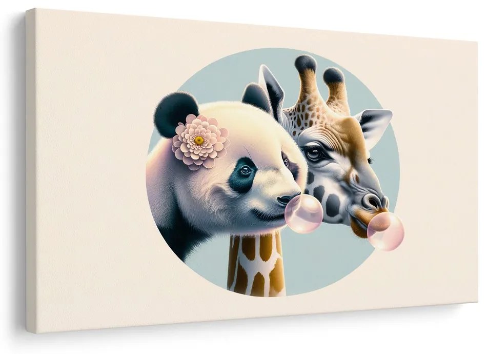 Quadro su tela – Panda e giraffa con bolla di gomma
