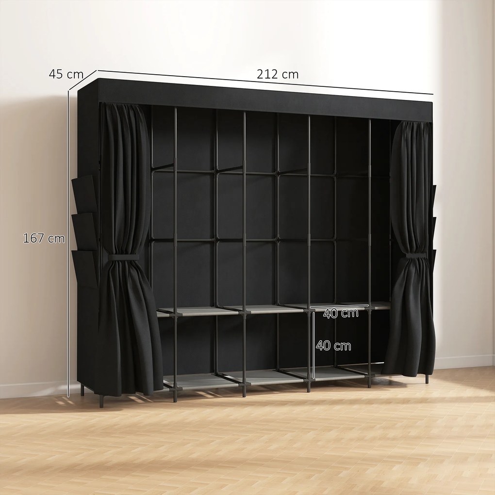 Armadio Salvaspazio 212x45x167 cm con 5 Aste 5 Ripiani 6 Tasche Laterali Ante Antipolvere con Zip in Tessuto Nero...
