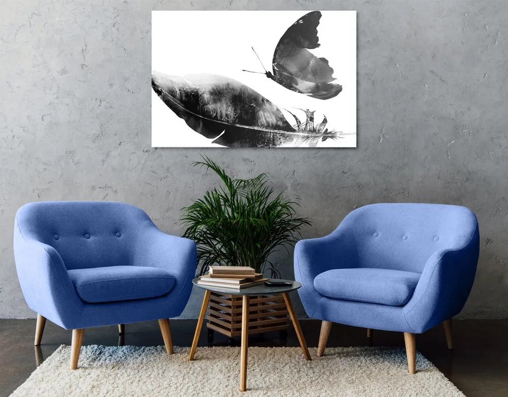 Quadro su tela – Piuma con farfalla in bianco e nero