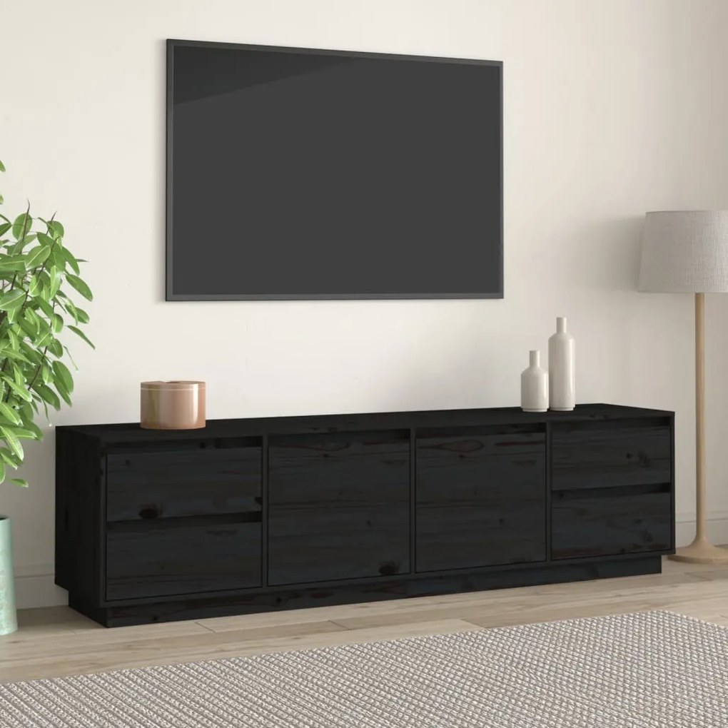 Mobile Porta Tv Nera 176x37x47,5 Cm İn Legno Massello Di Pino /