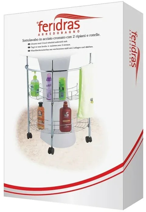 Carrello sottolavabo in acciaio cromato con 2 ripiani e rotelle