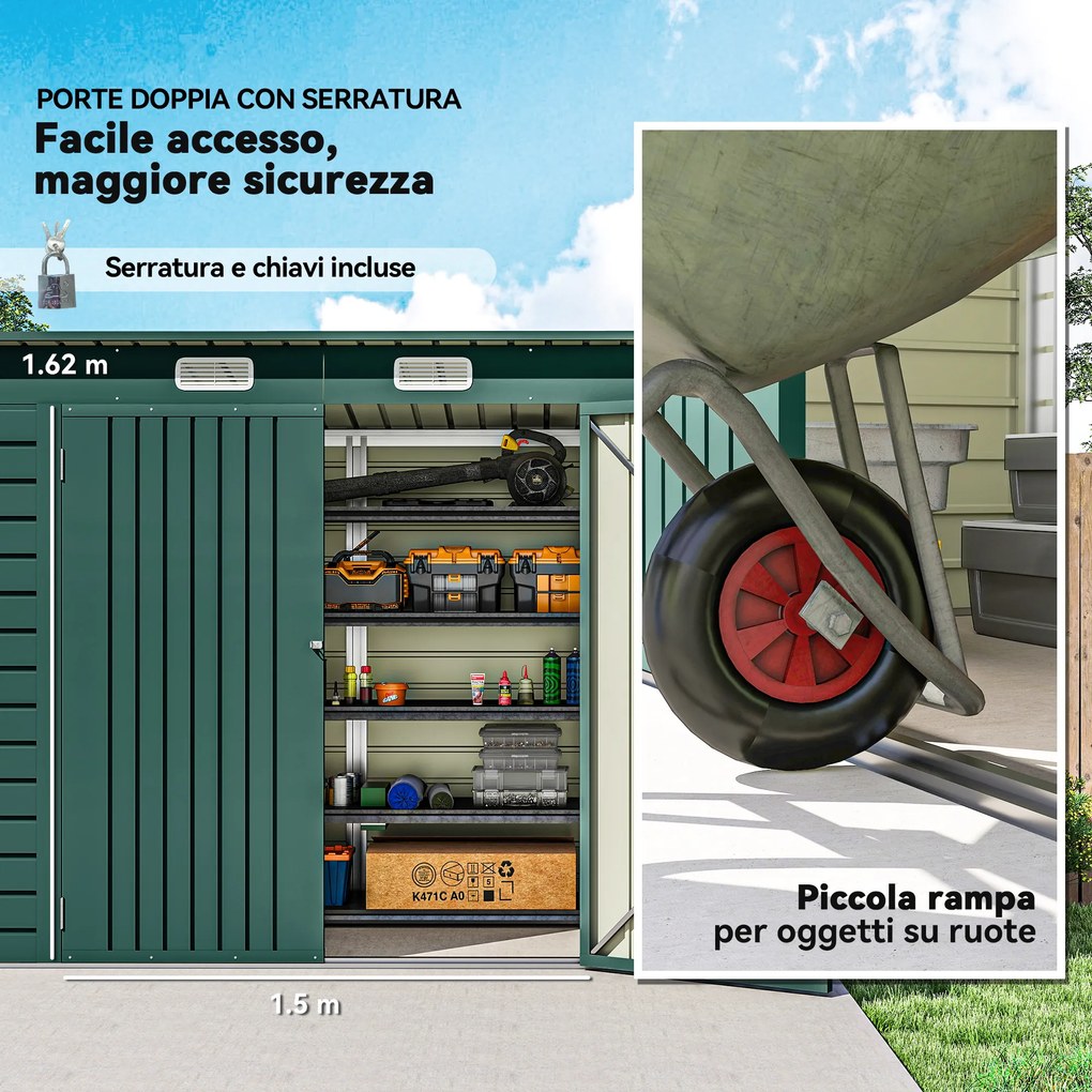 Capanno Porta Attrezzi 249x121x183 cm con 2 Prese d'Aria e Chiavistello in Acciaio Verde...