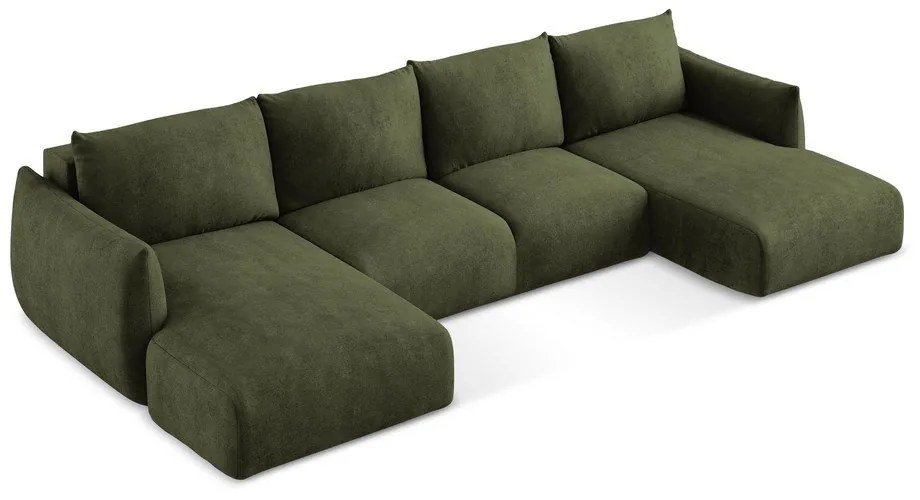 Divano angolare verde allungabile (a U) con rivestimento in ciniglia Leila – Makamii