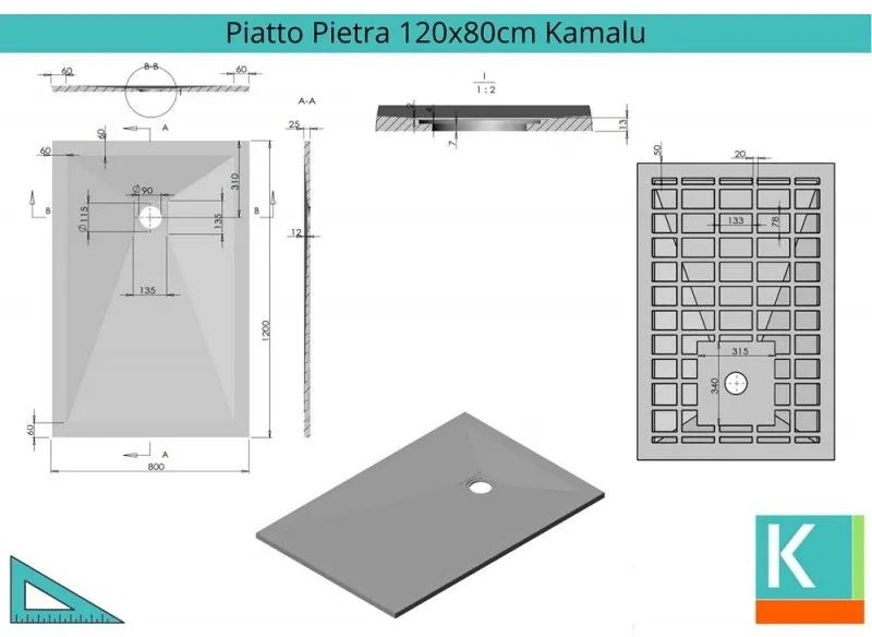 Kamalu - piatto doccia 120x80 cm in pietra colore antracite scuro