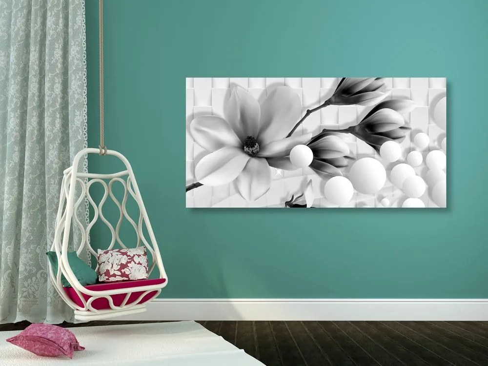Quadro su tela – Magnolia in bianco e nero con elementi astratti